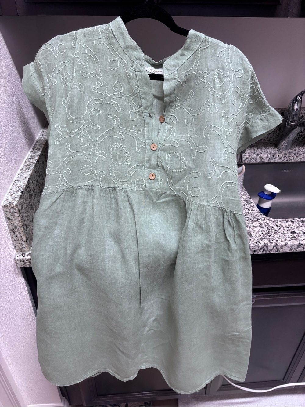 Girls' Sage Green Embroidered Casual Dress - Lightweight Button Front